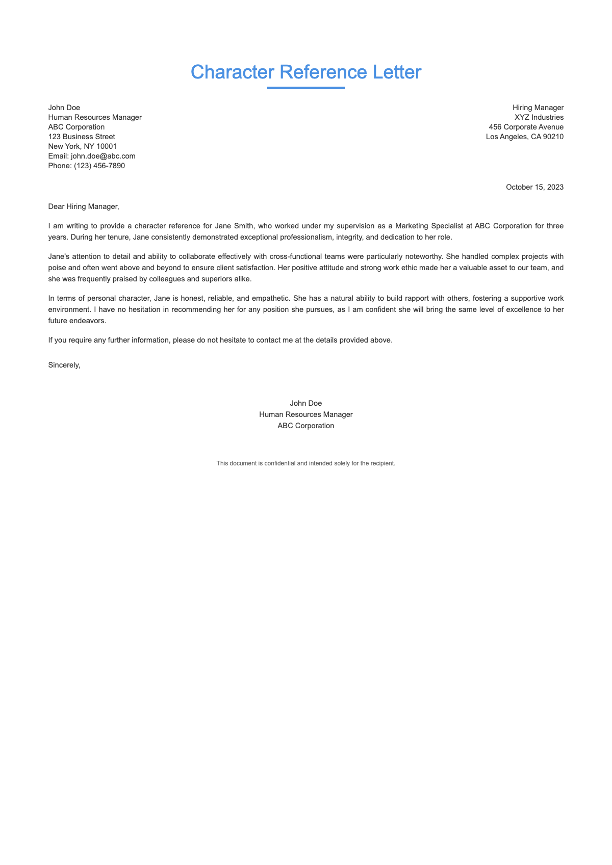 Character reference letter template for employee with blue header and placeholder fields_variant_3